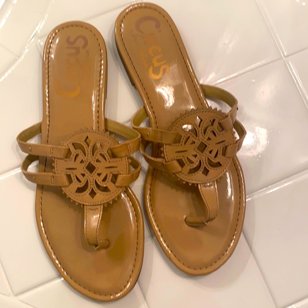 Tan patent sandals